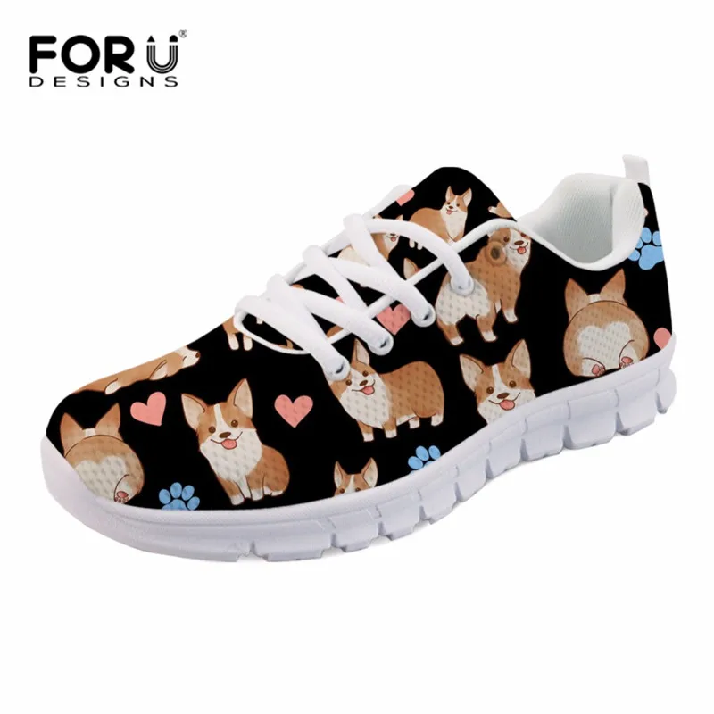 

FORUDESIGNS Women Flats Shoes Summer Spring Mesh Shoes Women 3D Cute Corgi Printed Lace-up Comfortable Shoes Student Sneakers
