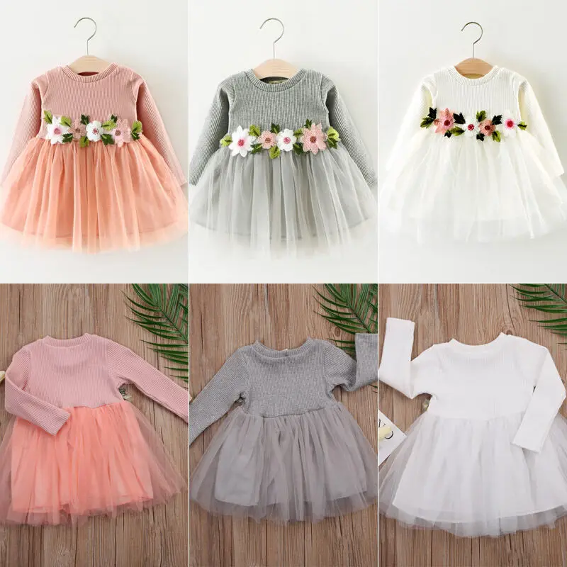 

Newborn Infant Baby Girls Dress Flower Long Sleeve Tulle Dresses Kids Clothes