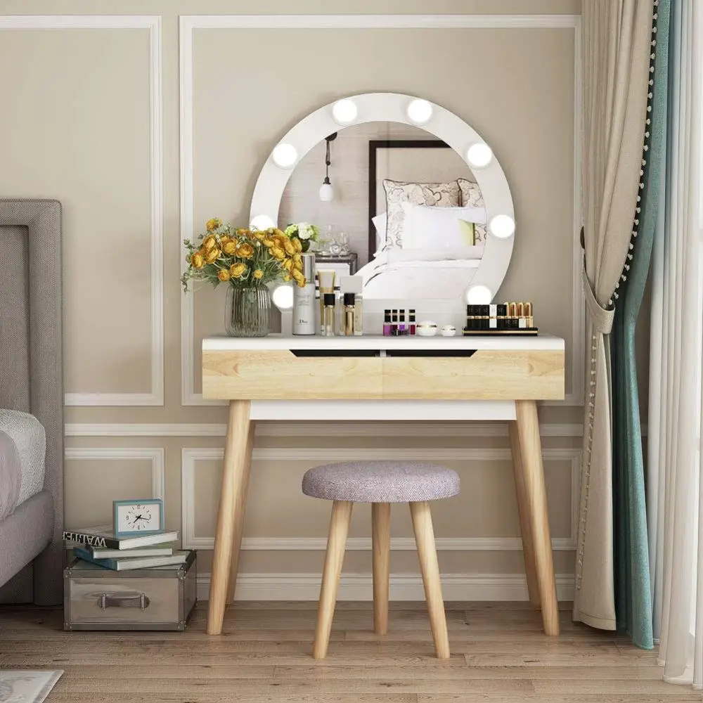 Vanity Set With Round Lighted Mirror Wood Makeup Table Dressing