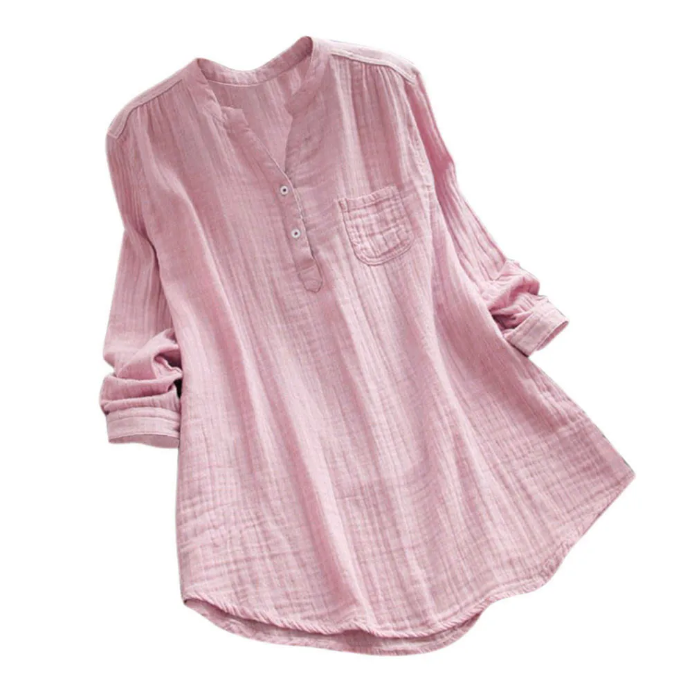 

Women Summer Clothes Cotton Line Long Sleeve Casual Loose Blouse