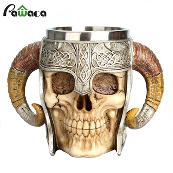 

Stainless Steel Skull Mug Viking Ram Horned Pit Lord Warrior Beer Stein Tankard Coffee Mug Tea Cup Halloween Bar Drinkware Gift