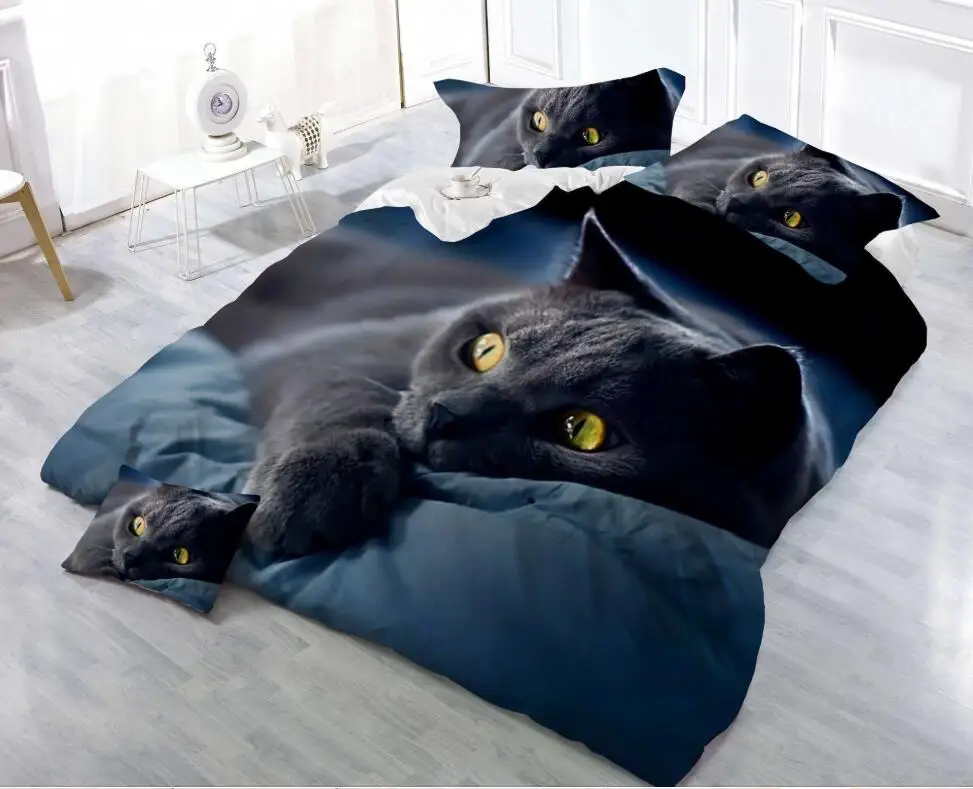 3D постельное белье набор черный Кот принт хлопок пододеяльник набор реалистичные постельное белье с наволочкой кровать застежки для простыни набор домашнего текстиля