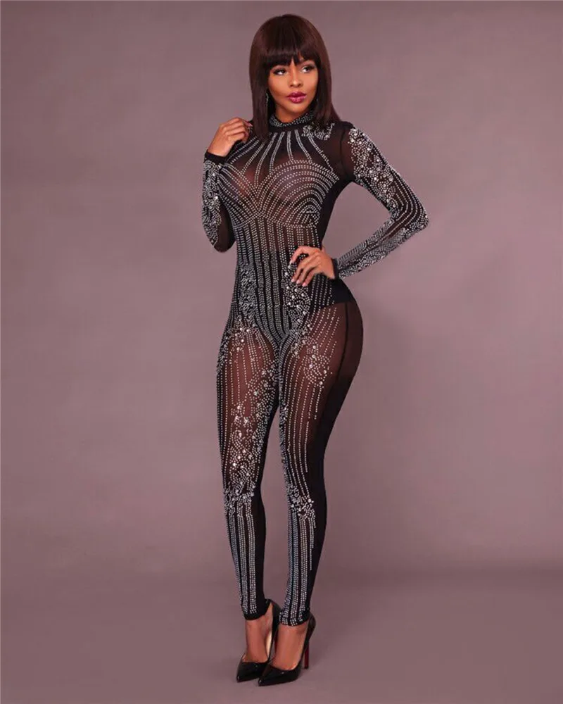 Женский сетчатый комбинезон стрейчевый костюм для вечеринок 2018|mesh jumpsuit|fashion