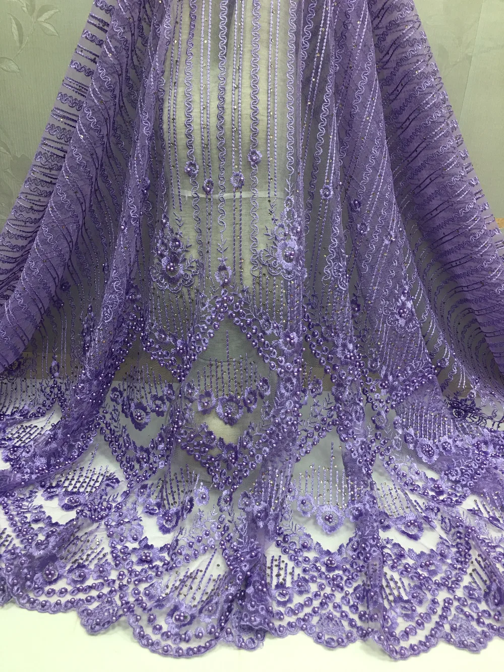 

2018 African Lace Fabric Embroidered High Quality Purple color French Tulle Lace Fabric with beads For party dress.5yards/lot