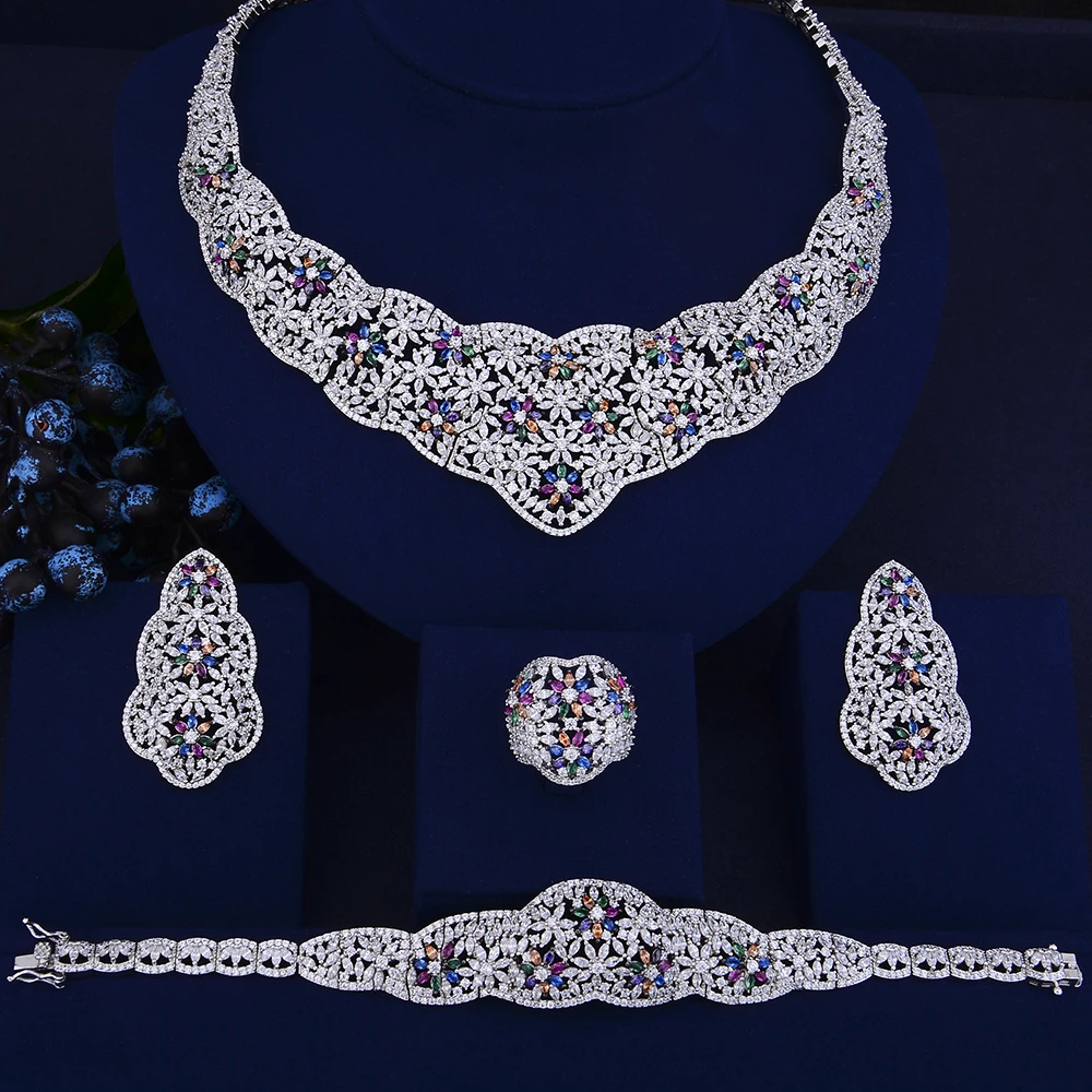 

GODKI Luxury Flower Cluster 4pc African Jewelry Set For Women Wedding Zircon Crystal CZ Indian African Silver Bridal Jewelry Set