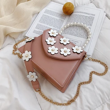 

Elegant Female Flower Pearl Tote Bag 2019 Summer New Quality PU Leather Women's Designer Handbag Chain Shoulder Messenger Bag