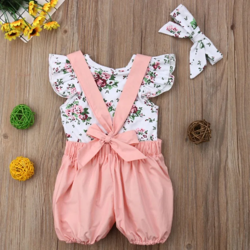 

Infant Girls Rompers Sets Baby Girl Casual Flare Sleeve Flower Print Romper Tops Strap Shorts With Headband Outfits Set