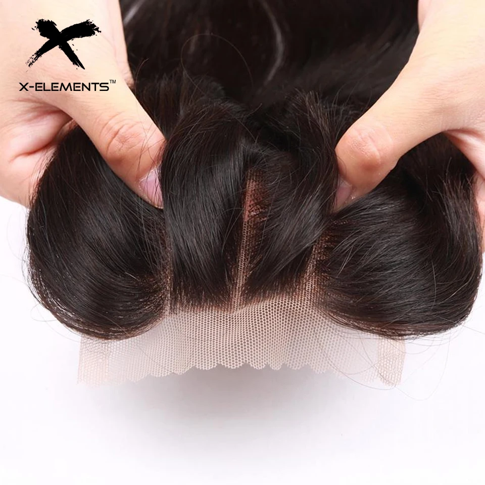 X-Elements перуанские прямые кружевные накладные натуральные человеческие волосы, не Реми, 4x4, средняя, три части