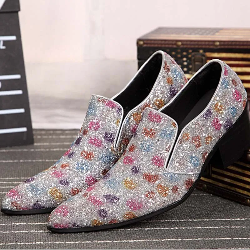 

Luxury 2017 new style Colorful Sequined men's shoes Slip On Dress Shoes Handmade Loafer Men High Heels Wedding Party Bling Shoes