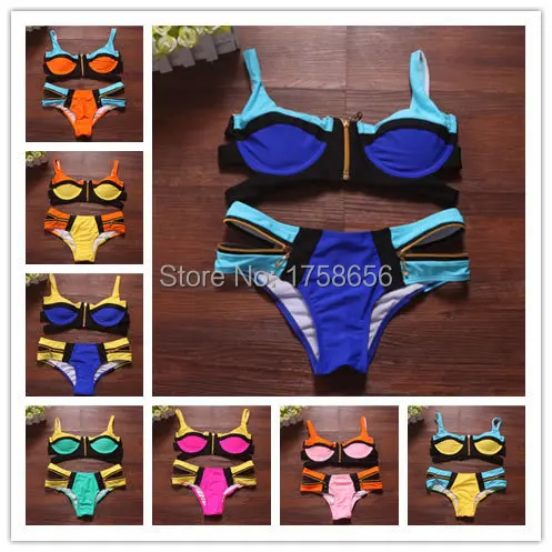 2014 Bandage Bra Padded Bikini Women Swimwear Neon Color Zipper Swimsuit Push Up Bathing Suit Bikinis Set |