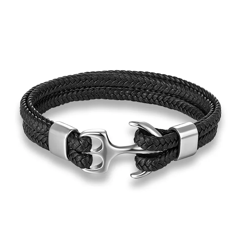 MKENDN модный кожаный браслет для мужчин, черная оплетка, многослойная веревочная цепь, якорь из нержавеющей стали, мужские ювелирные изделия, браслеты, подарки