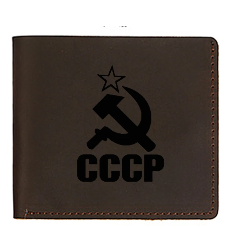 

USSR Genuine Leather Card Wallet Soviet Union Thin Purses Hasp Credit Card Holders CCCP Small Mini Wallets for Men and women