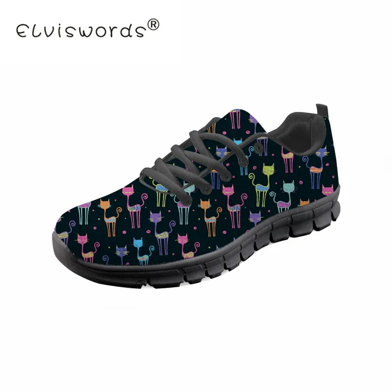 Cute Cartoon Cat Printed Women Casual Sneaker Shoes Summer Breathable Flat Shoe Girl Ladies Lightweight Walking Shoe ELVISWORDS