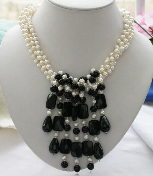 

ddh002895 4row 17" round white FW PEARL black agate NECKLACE