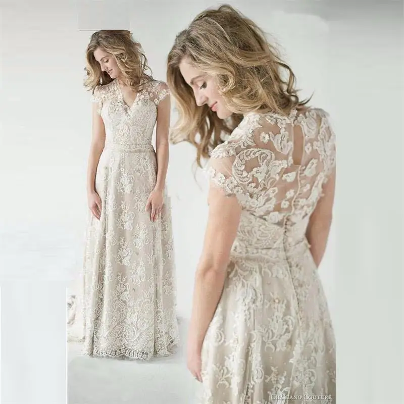 

2016 Sheer Beach Wedding Dresses Short Sleeve Sexy V Neck A Line New Romantic Lace Wedding Dress