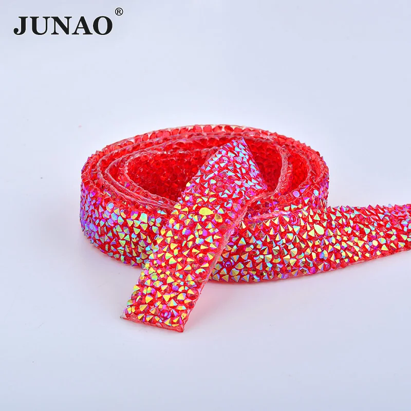 

JUNAO 5 Yard*15mm Red AB Hotfix Rhinestones Chain Bridal Beads Applique Trim Resin Crystal Strass Banding Mesh For Wedding Dress