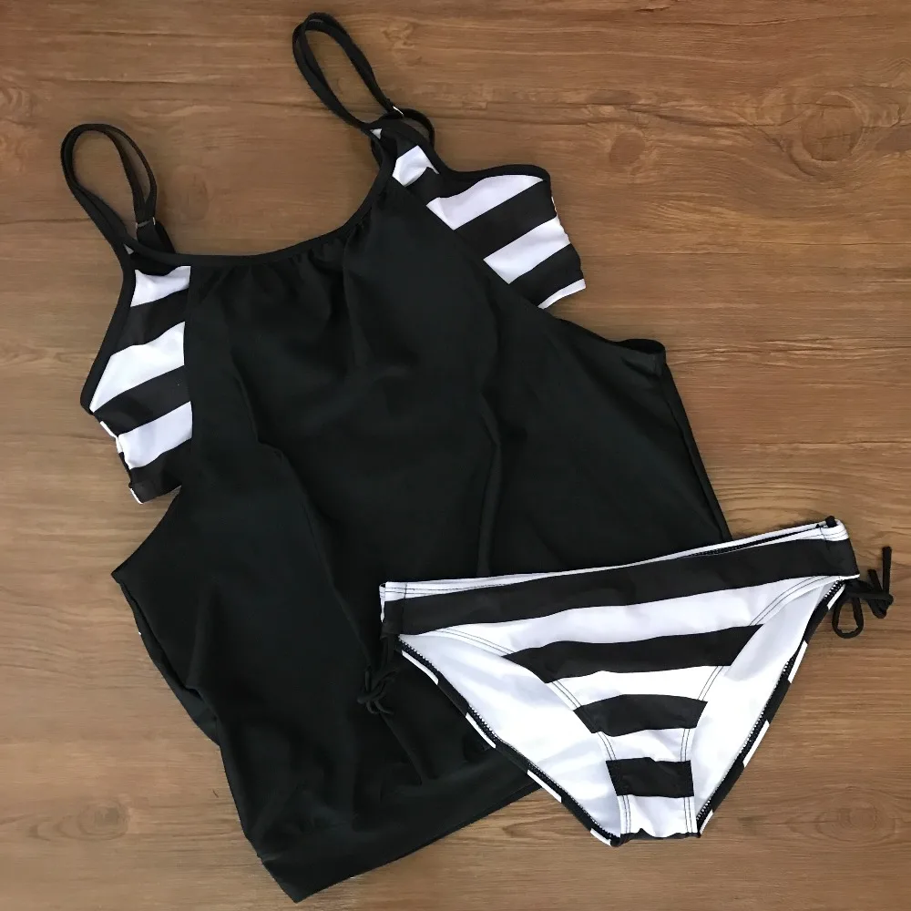 KEENEST 2018 размера плюс Tankini женский черный купальный костюм из двух предметов