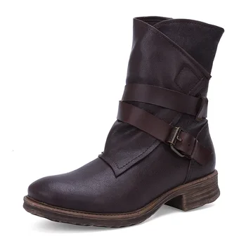 

198-6 Retro Rough-heeled Shoe Handsome Soft Bottom Round Head Mid-boot Leather Leisure Martin Boots Winter Shoes Women