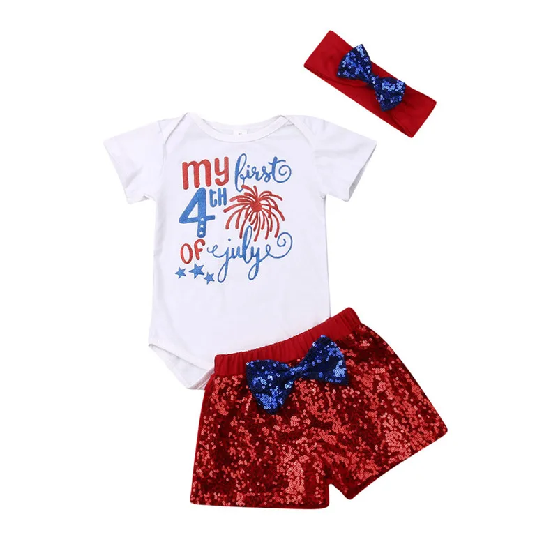 

Fashion Newborn Baby Girl Boys 4th of July Clothes Sets Letter Romper Tops Bow Sequins Shorts Headband 3Pcs Outfits 0-18M