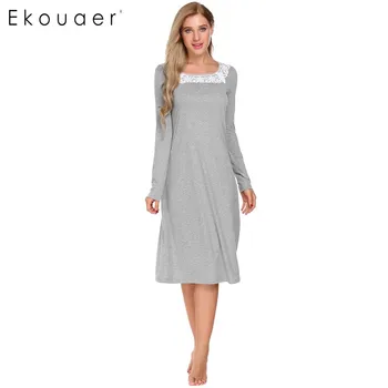 

Ekouaer Elegant Lace Patchwork Nightgown Autumn Fashion Slim Sleepwear Women Square Collar Casual Nightwear Long Sleep Dress
