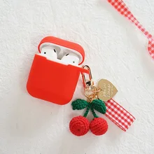 Милый красный вишневый декоративный силиконовый чехол для Apple AirPods зарядная коробка Bluetooth наушники защитная крышка брелок анти-потеря