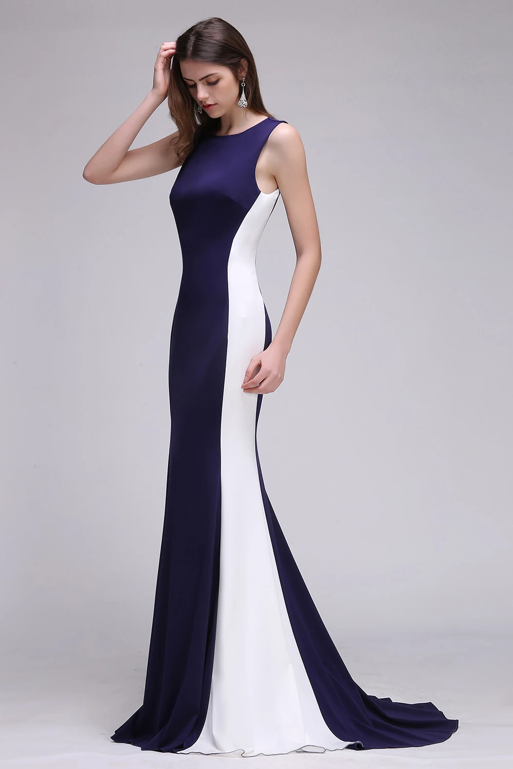 Robe de Soirée Longue O Cuello Azul Marino y Blanco Sirena Robe de Soirée Longue O Cuello Azul Marino y Blanco Sirena