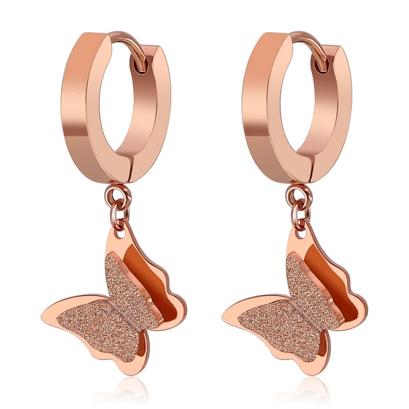 

Fashion woman earrings 2018 jewelry cute romantic Rose gold frosted double butterfly drop earrings round female jewellery