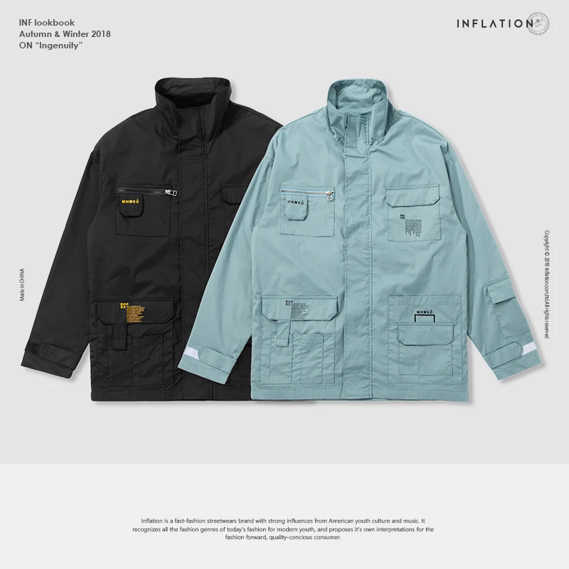 INFLATION Multi-pocket Stand Collar тонкая куртка новая осенняя мужская пальто тактическая