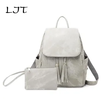 

LJT PU Leather Women Backpacks Cute School Backpacks For Teenage Girls Female Shoulder Bag 2pcs/Set Fashion Tassel Rucksack