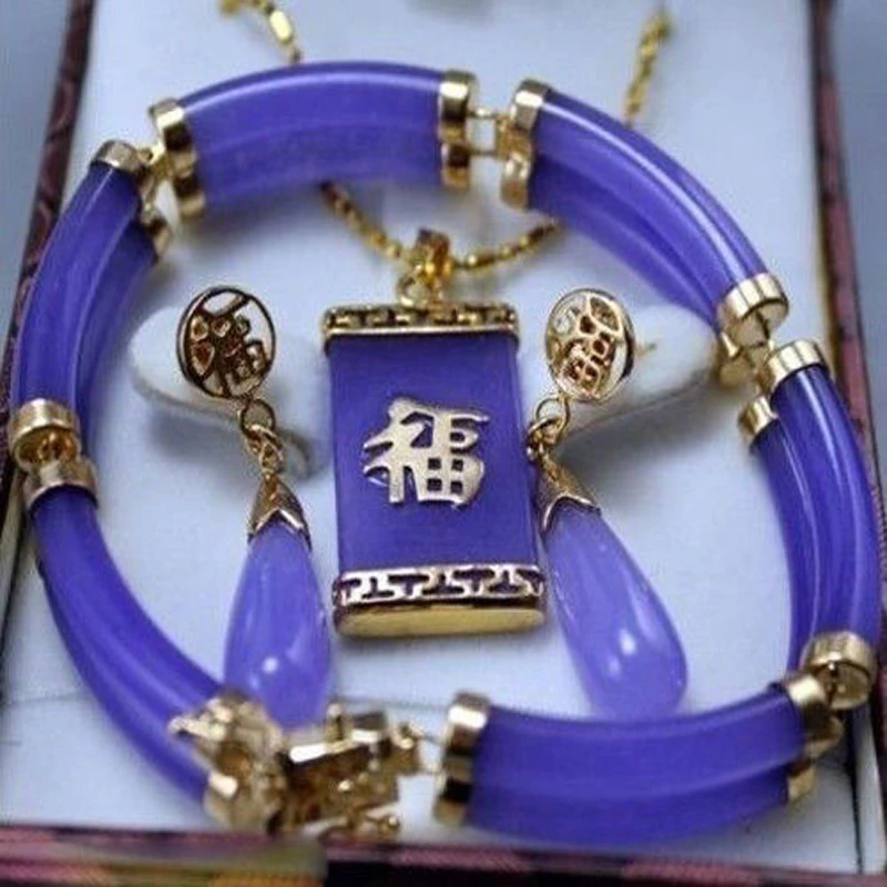 

New Women's fashion Jewellery Genuine Purple 2 Rows Bracelet Pendant Earring Set AA0545