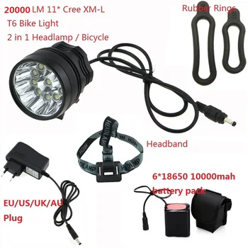 

2 in 1 Headlamp Headlight 20000 Lumens 11 x Cree XM-L T6 LED Bicycle Light Cycling Bike Head Lamp + 18650 Battery Pack+Charger