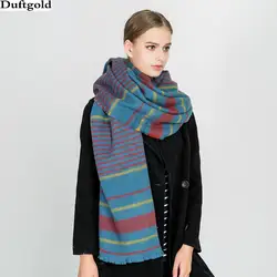 Новый зима-осень длинный полосатый шарф накладные кашемир теплый толстый Для женщин бахрома Шарфы для женщин пашмины шали палантины duftgold