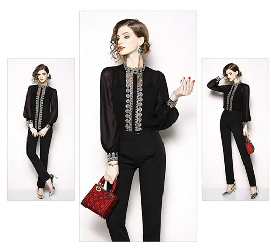 

New Women Blouses Slim fashion Long-sleeved White and black Shirt Noble embroidered tops+Condole belt vest 2 pieces