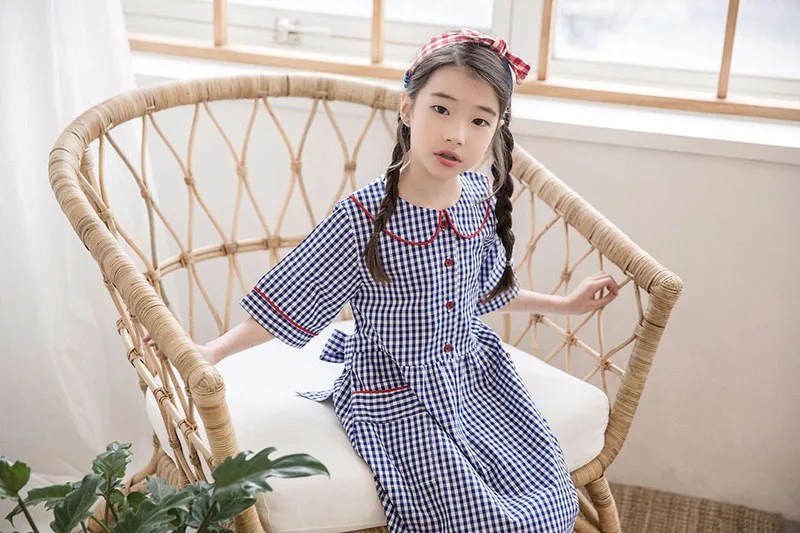 pockets cotton casual dresses for girls kids peter pan collar blue plaid school dress elegant girl big preppy shirts dress 2018 4 5 6 7 8 9 10 11 12 13 14 15 16 years old little big girls  summer dress kids korean dress girls (9)