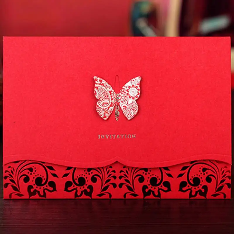 

30 Pcs/lot Vintage Red Bronzing Invitations White Paper Fold Elegant Anniversary Wedding Invitation Card