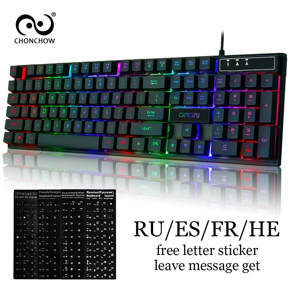 

Gaming Keyboard Rainbow Colorful Backlit Game Keyboard RU/ES Layout with Microphone USB Wired Keyboard for PC Gamer Computer