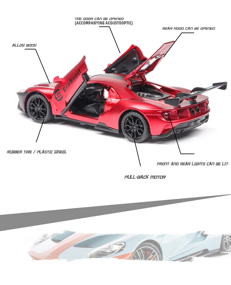 1:32 classic Ford GT Diecasts& Toy Vehicles Car Model With Sound&Light Collection Car Toys For Boy Children Gift