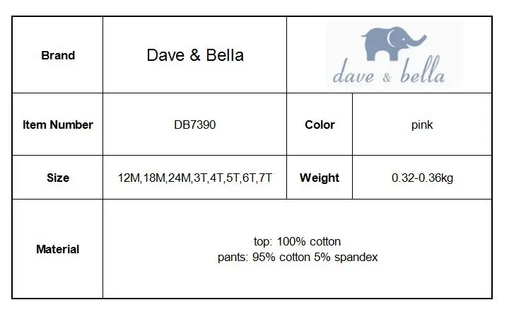 DB7390 dave bella/весенние комплекты одежды для маленьких девочек детский розовый костюм с принтом детская одежда для малышей высококачественная одежда