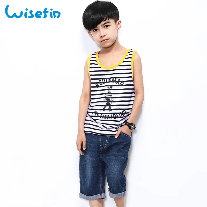 

Wisefin Children Tracksuit For Boys Sets 2018 Toddler Boys Summer Clothing Set Sleeveless Stripe T-Shirt+Denim Shorts 3-16 Year