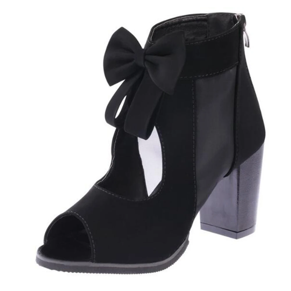 

Women PU Leather Open Toe High Heel Ankle Sandals Summer Shoes Lady Thick High Heels Hollow Out Gauze Bow Breathable Ankle Boots