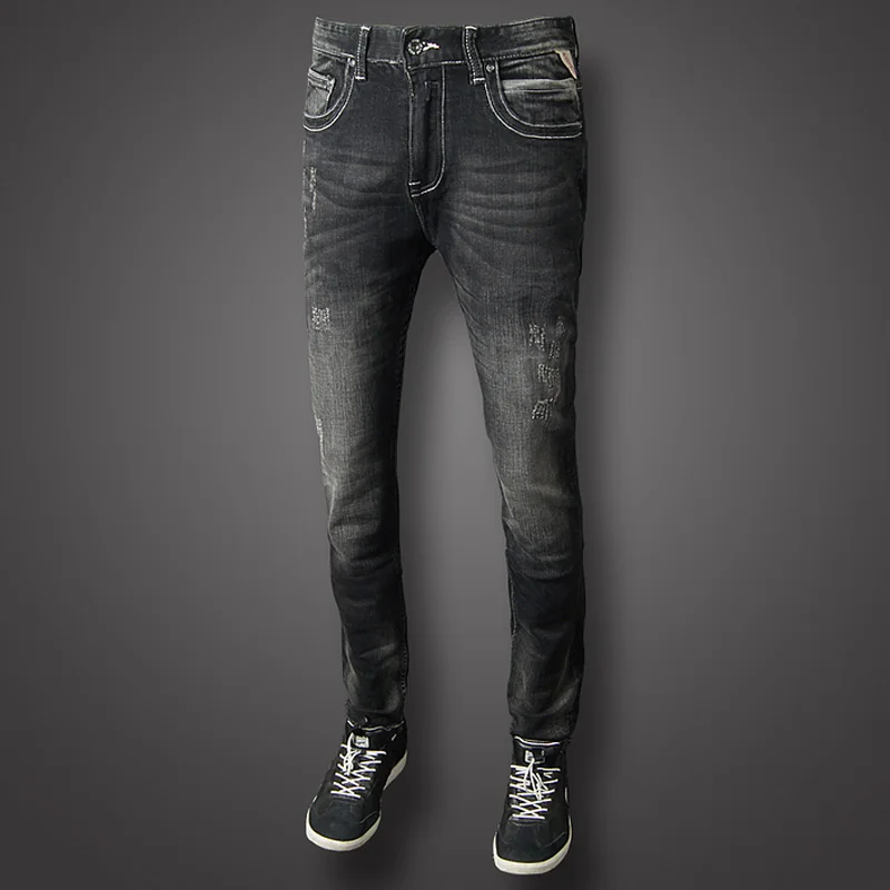 Модные Классические мужские черные джинсы из хлопка Slim Fit винтажные рваные джинсы мужские уличные классические джинсы homme хип-хоп брюки hombre