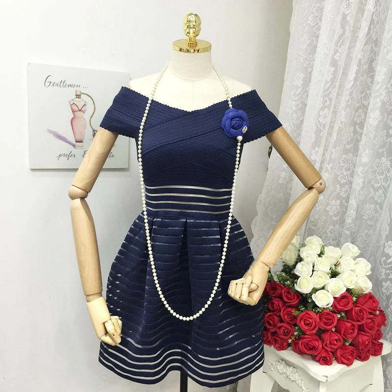 

Fashion Elastic Women's Bandage Mesh Striped Slash Neck Mesh Off Sholder Mini Wedding Party Dress