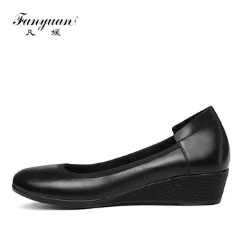 

Fanyuan Genuine leather black wedges heel pumps shoes woman super quality comfortable low heel womens office work career shoes