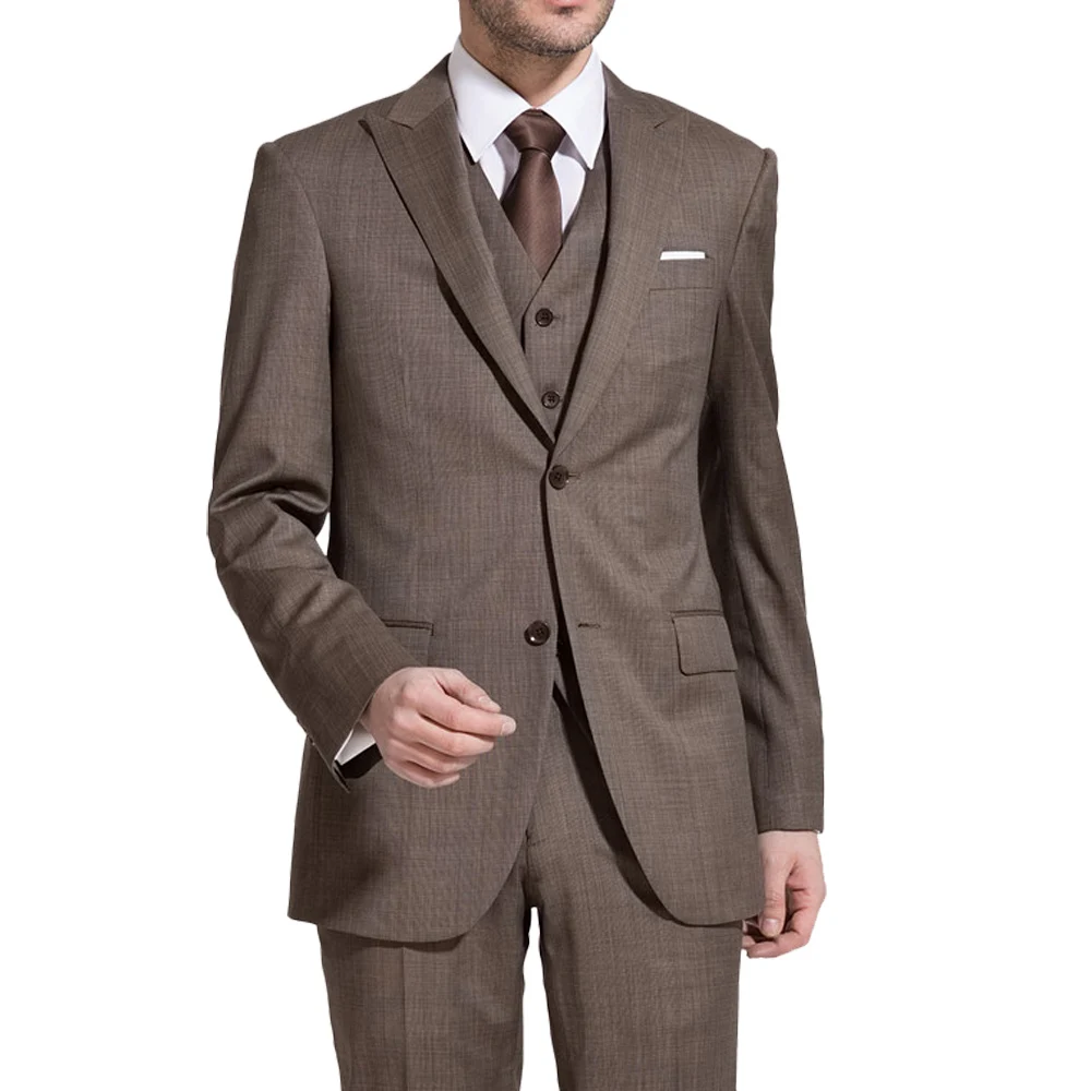 Men's 3 Piece 2 Button Closure Collar Skinny Coffee Brown Suits For
