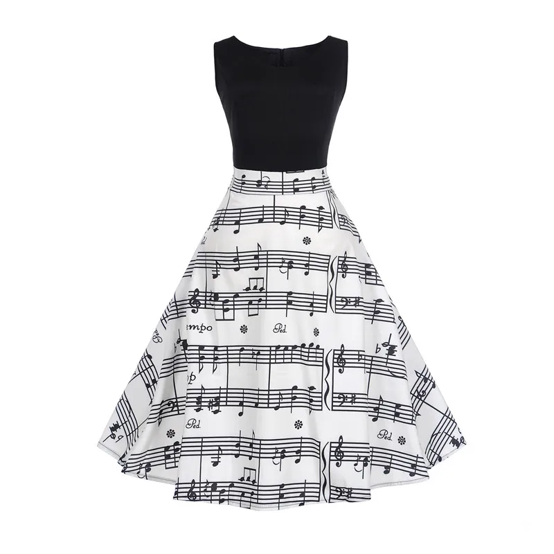 

Women Summer Music Note Printing Dress Audrey hepburn Robe Retro Swing Casual Vintage Sleeveless O-Neck Swing Dresses Vestidos