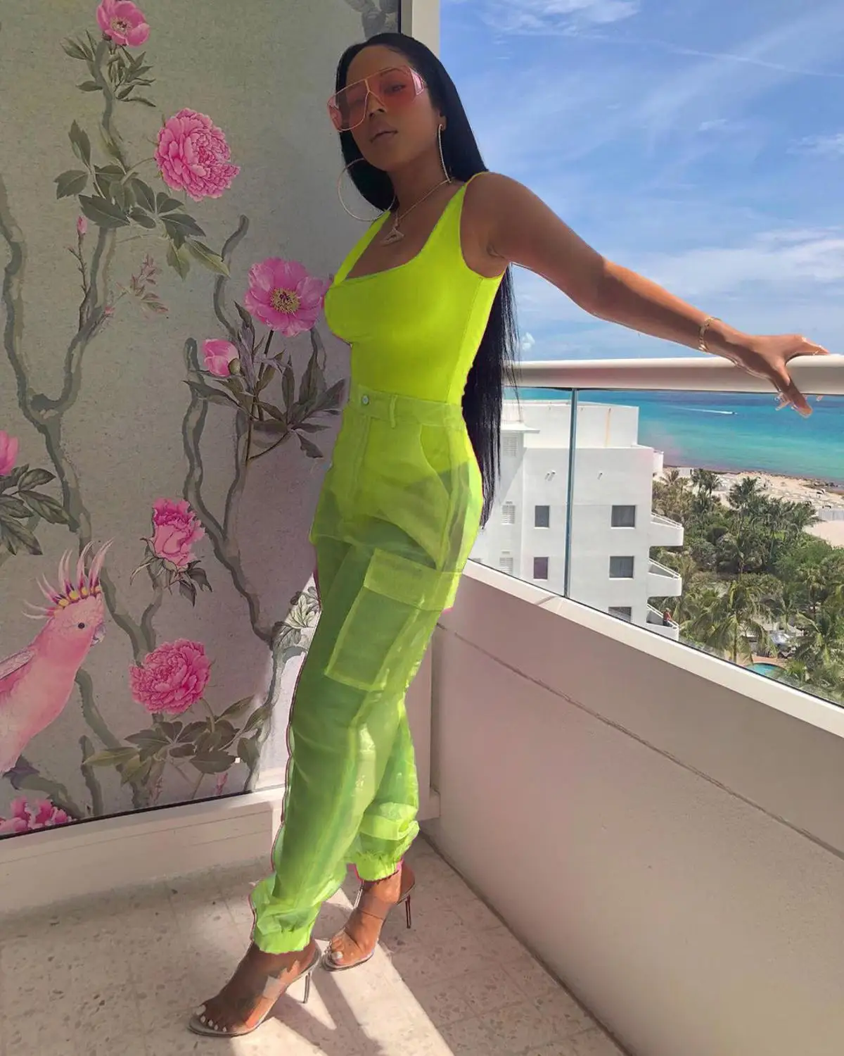 

SKMY Sexy Club Two Piece Set Neon Green Tank Top And Perspective Trousers Two Piece Set 2019 Summer Women Tracksuit Biker Set