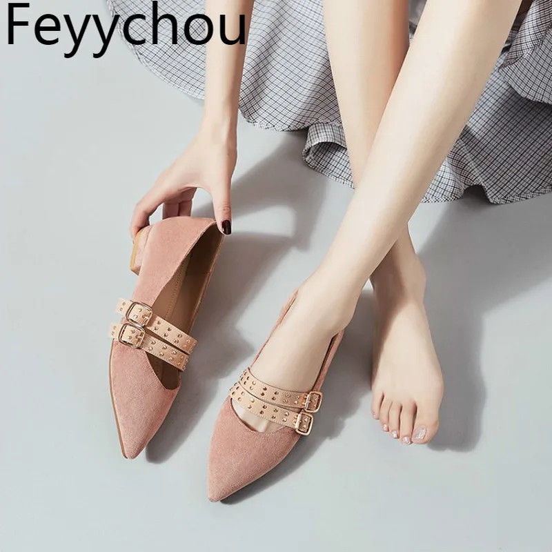 

Women's Pumps Low Heels Spring Autumn Flock Pointed Toe Metal Decoration Rivet 2019 New Sexy Fashion Black Pink Big Size 34-43