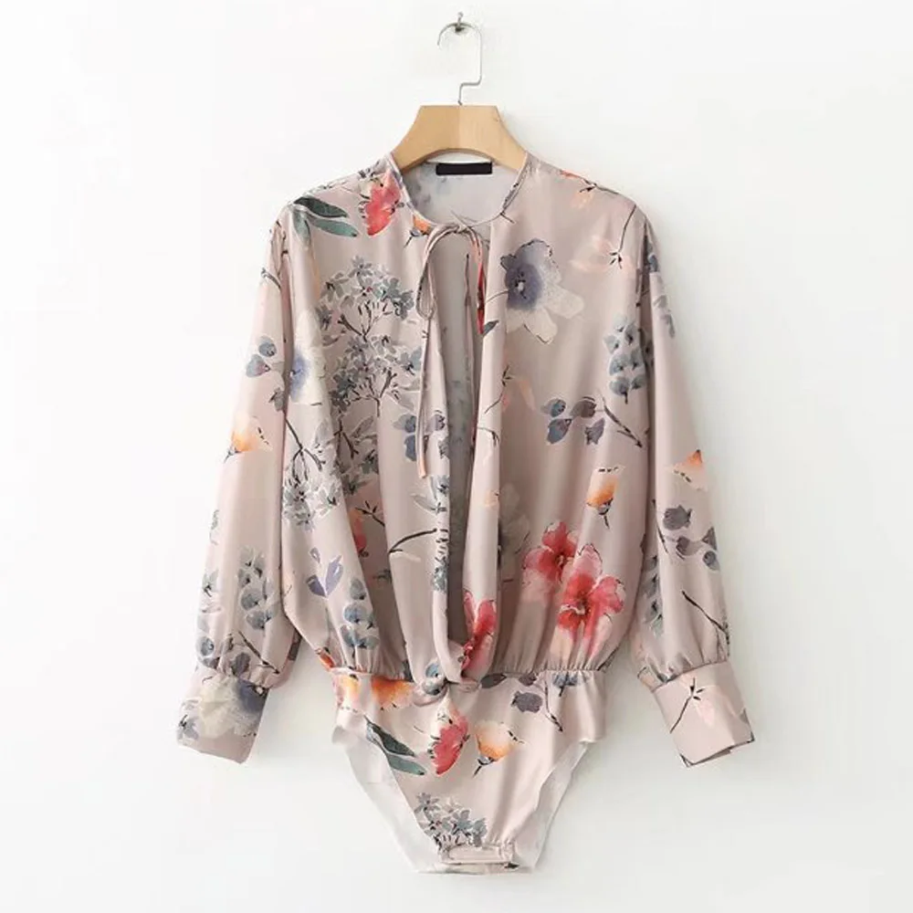 

ANSFX Sexy Floral Print Chest Lacing up Tied Bow Deep V-Neck fit Romper Body Siamese Bodysuit Playsuits Long Sleeve Undershirt