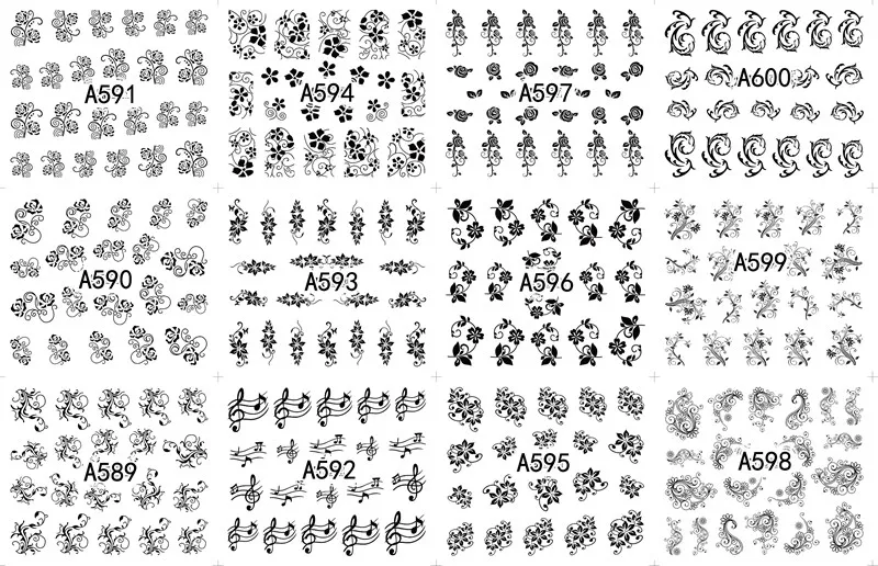 12 листов черные кружевные водоотталкивающие наклейки для ногтей Цветочные наклейки маникюрные украшения для ногтей Инструменты - Цвет: A589-600