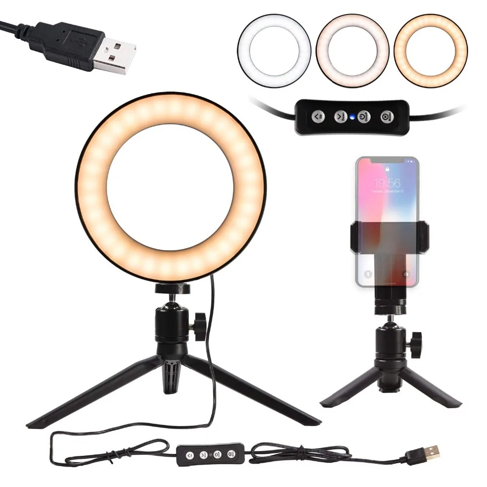 

Photographic Lighting Dimmable Camera 6" Selfie Ring Light with Tripod Stand & Cell Phone Holder For Huawei For Iphone For HTC